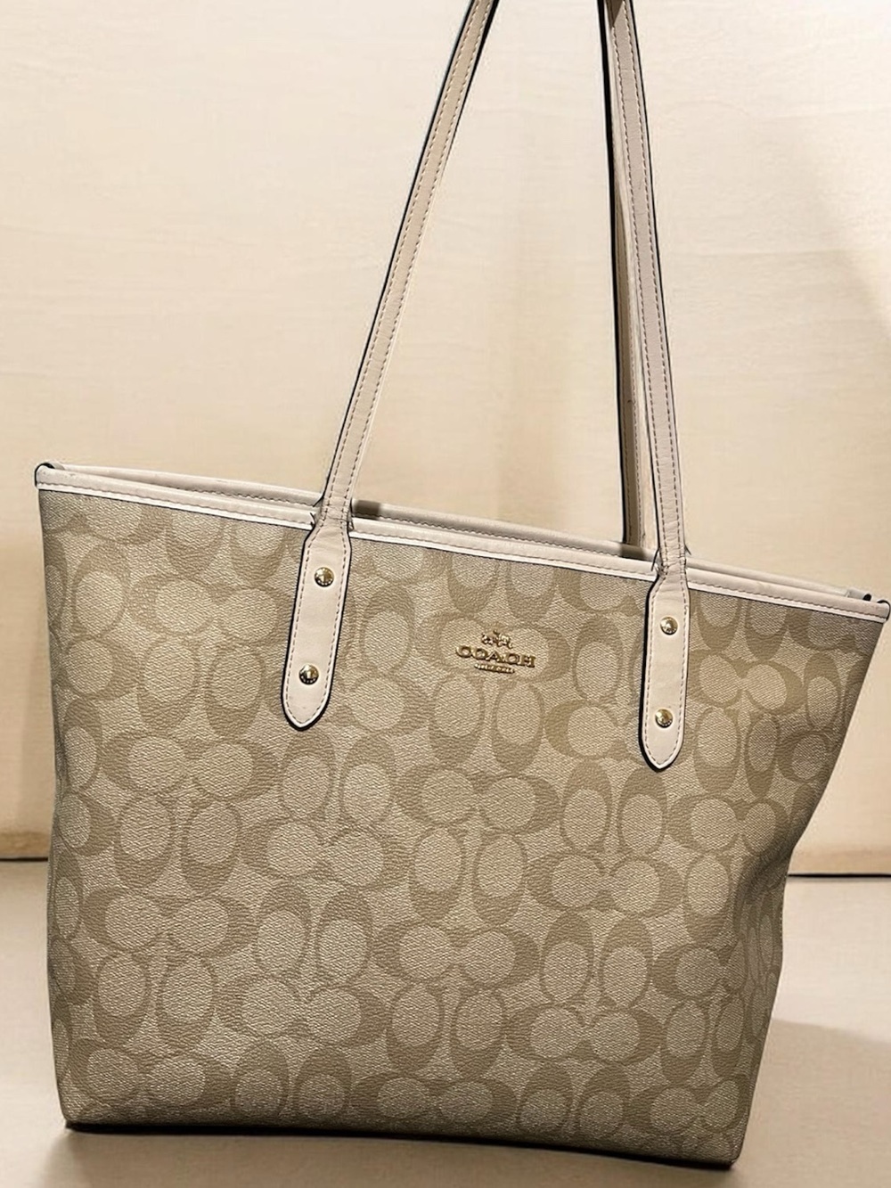 Coach Beige Signature Canvas Tote with Cream Leather Trim